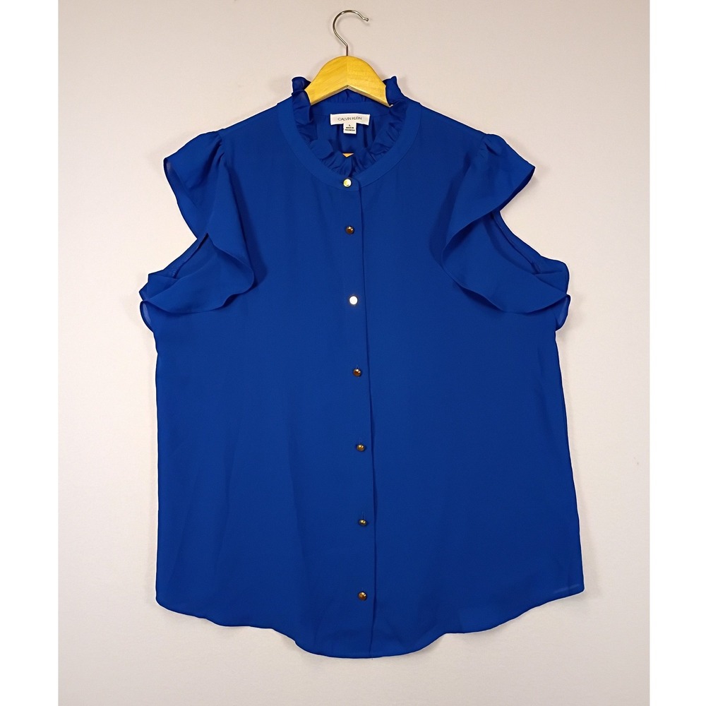 Professional Chic Calvin Klein Womens L Blue Ruffle Neck Flutter Sleeve Blouse